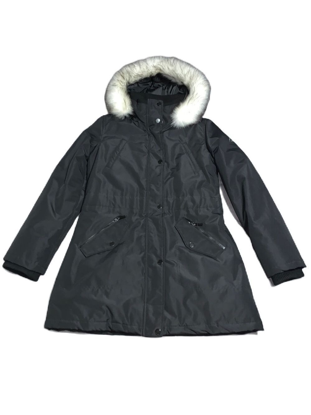 HFX Parka Puffer Jacket L Faux Fur Brim Hood Insulated Black Warm Snow
